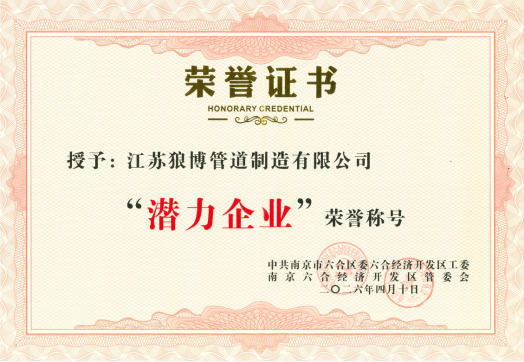 江苏狼博管道制造有限公司荣获六合经济开发区“潜力企业”荣誉称号